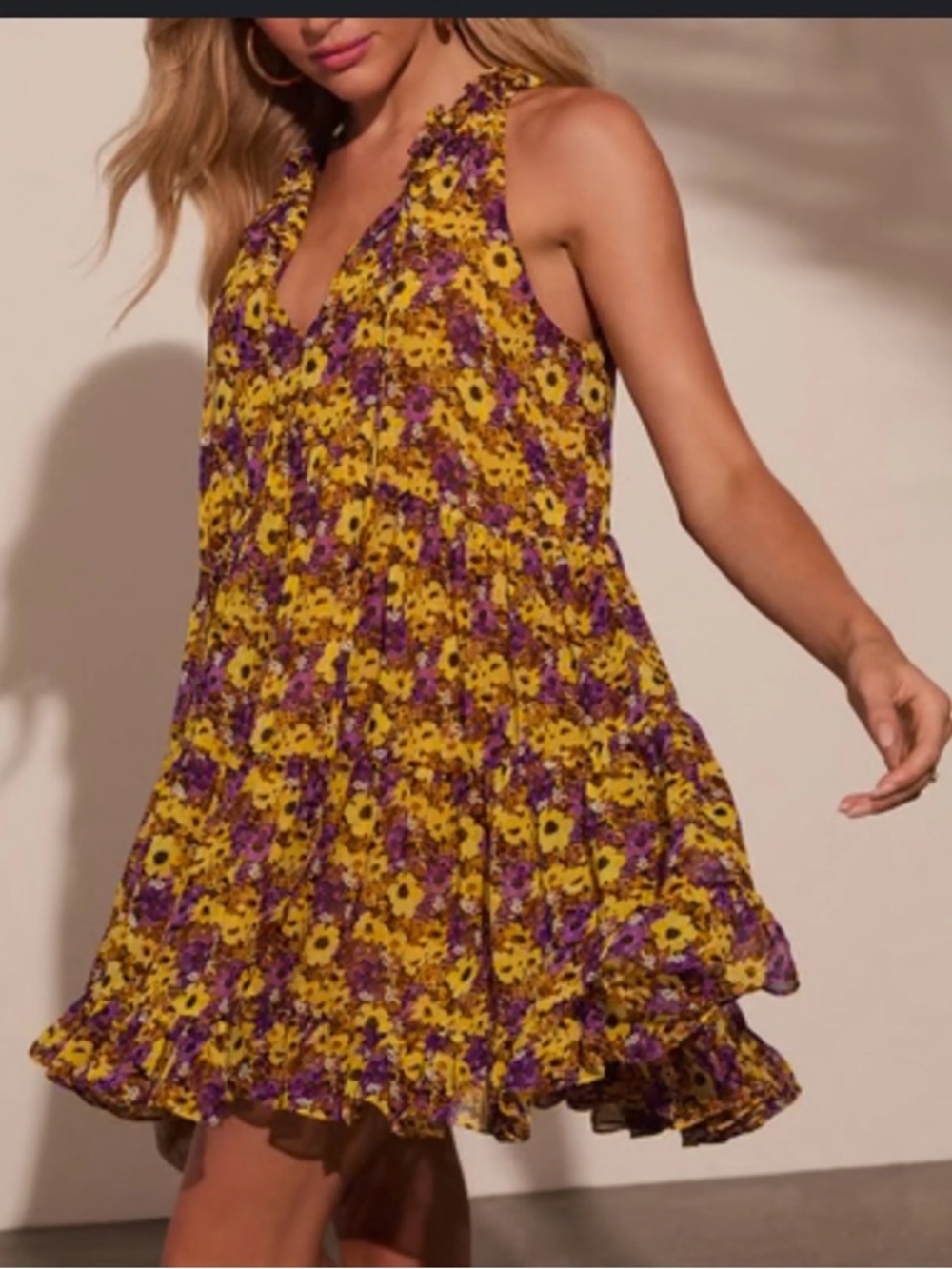 Vici Yellow and Purple Floral Mini babydoll tiered Dress